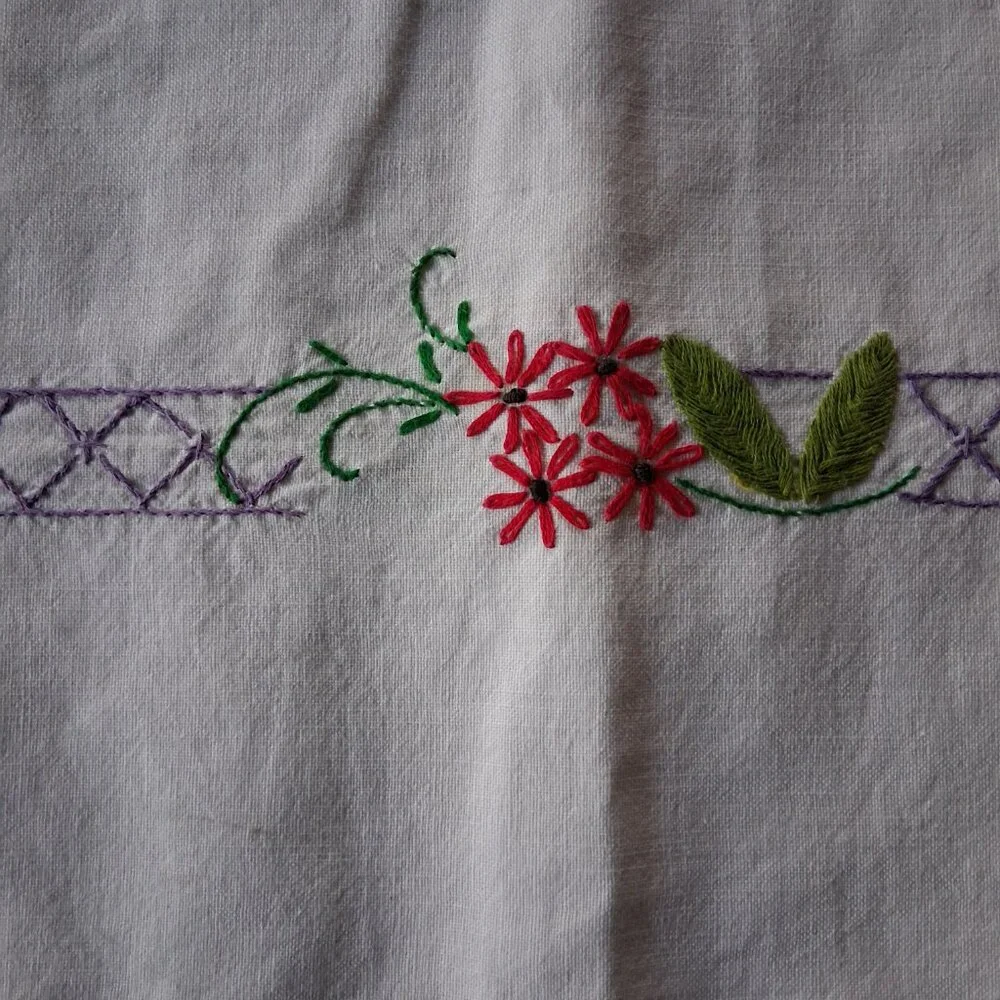 🌸 Vintage Floral Embroidered Tablecloth • Crochet Lace Edge • 54x58 Multicolor